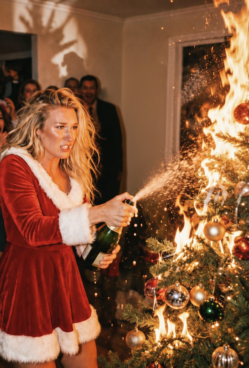 A woman in a red velvet Santa dress sprays champagne at a Christmas party
